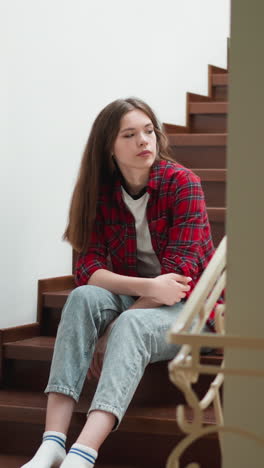 sad young woman sits on mansion staircase. female student worried of fail in important test sits on steps. lady has problems with college education