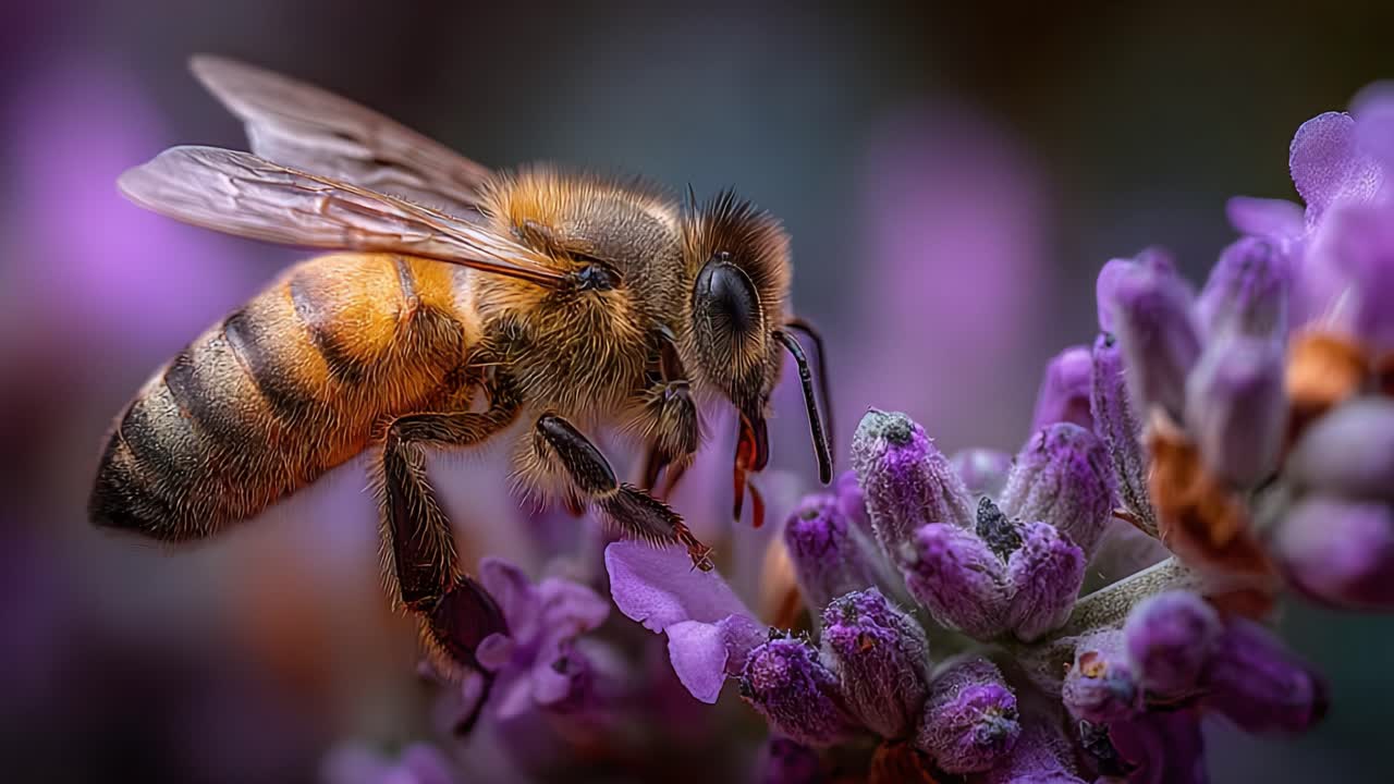 A Close-Up Exploration of a Honeybee Collecting Nectar from Vibrant Lavender Flowers, Showcasing Nature's Intricate Beauty and Vital Role in Pollination