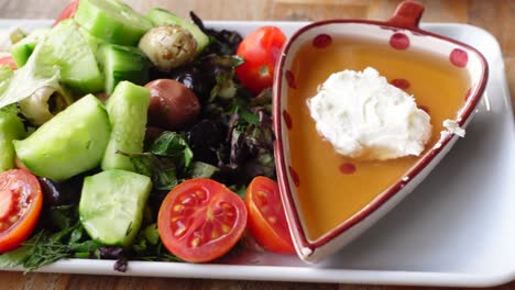 turkish breakfast with salad and honey dip