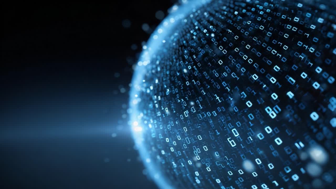 Rotating blue sphere of glowing binary code representing global network connections, big data, and information technology concepts in a futuristic digital environment with a dark background