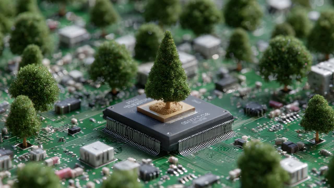A Surreal Fusion of Nature and Technology: A Tree Grows from a Circuit Board, Symbolizing the Intersection of Environmental Sustainability and Digital Innovation