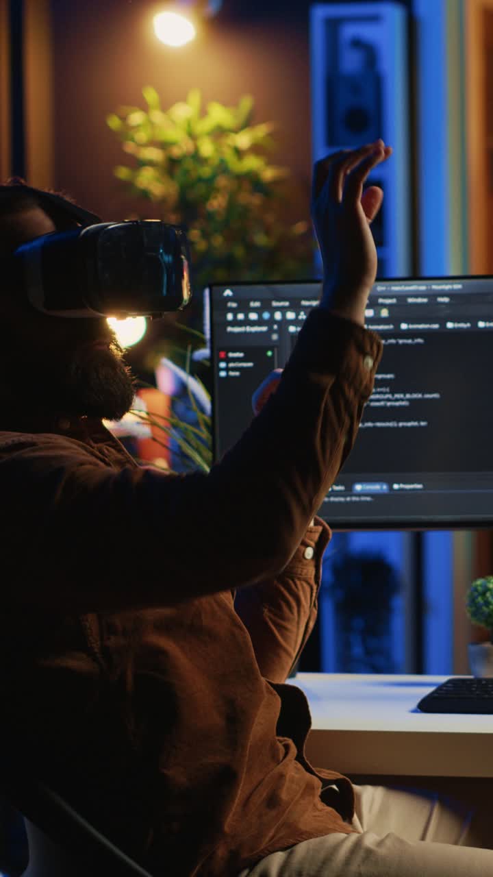 Man Wearing VR Headset Interacting with Virtual Reality