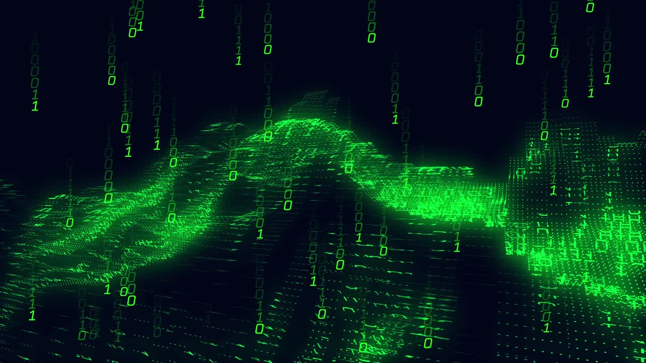 Animation of green binary coding data processing over waving on black background