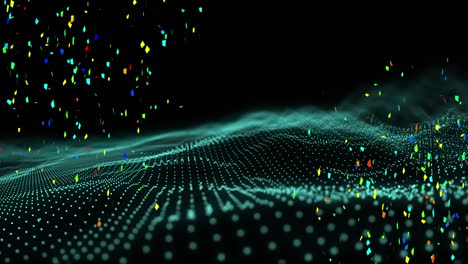 animation of colourful confetti falling over undulating blue contours on black background