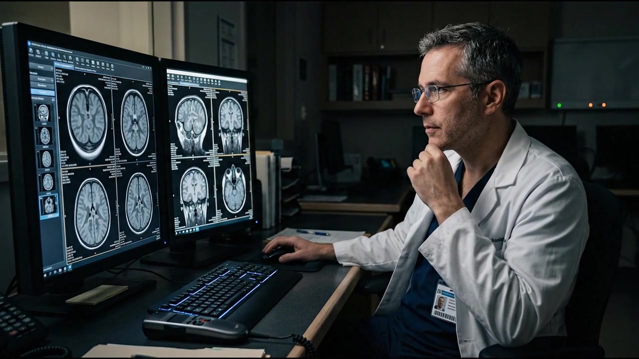Medico che analizza risonanze magnetiche cerebrali su due monitor in un ufficio ospedaliero