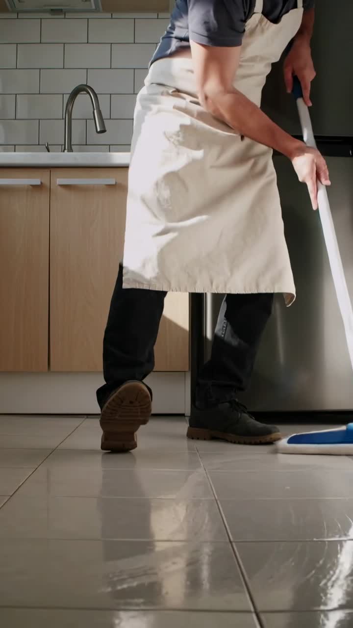 Vertical video: Man placing mop on tiled floor, pushing and pulling while cleaning kitchen