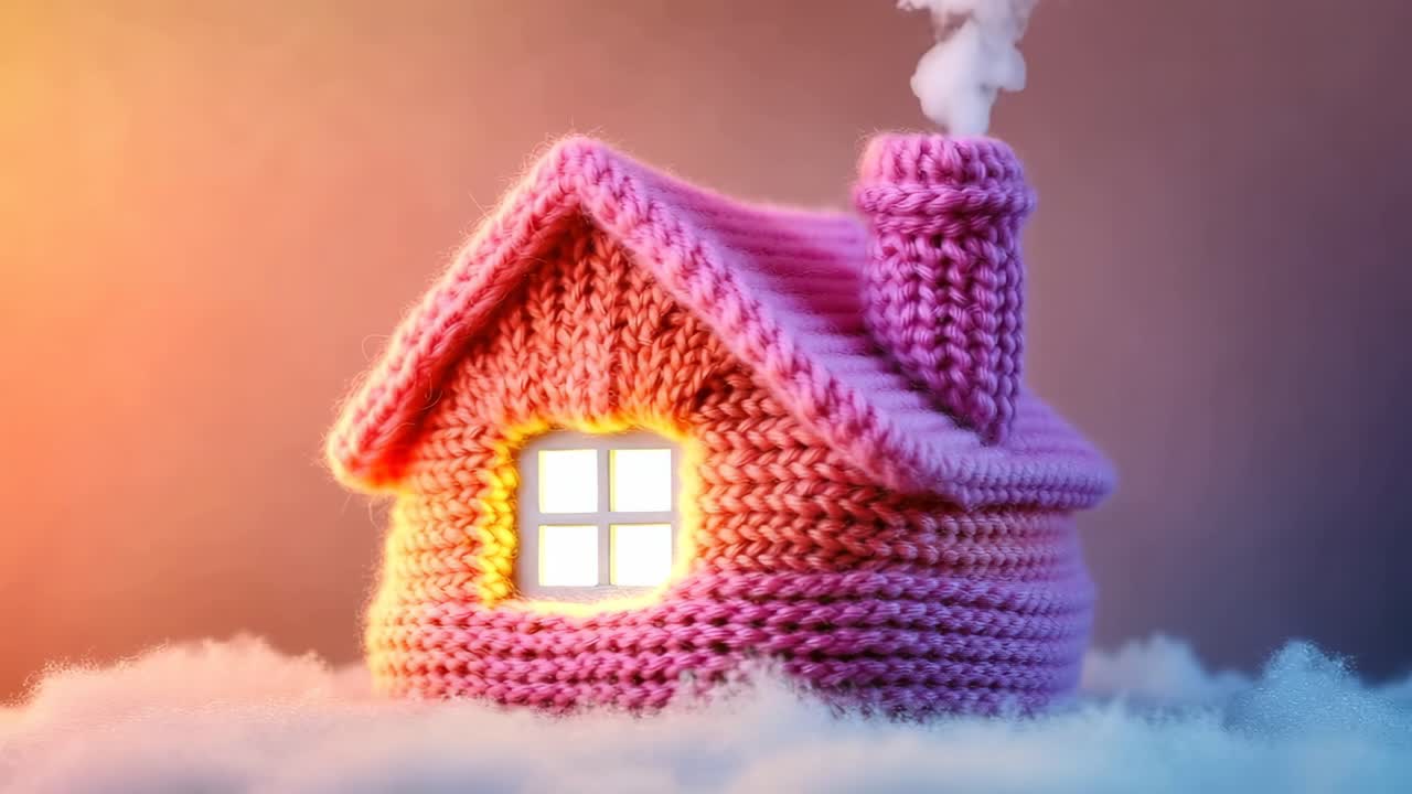 Cozy house with warm glow. A knitted house glows warmly from its window, nestled among soft clouds, creating a peaceful atmosphere.
