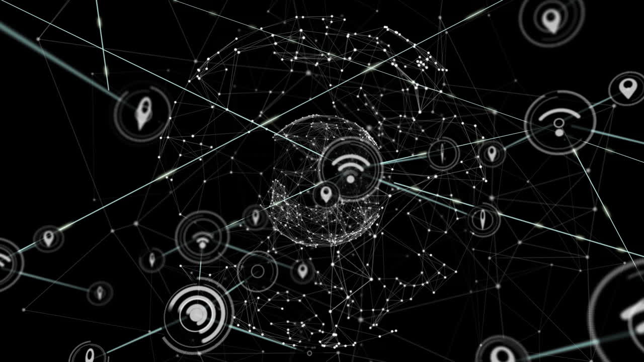 animación de la red de conexiones con iconos sobre fondo negro