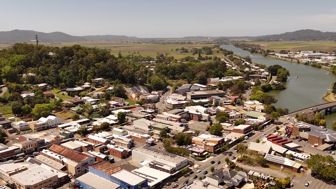 Drone footage of Murwillumbah looking north in northern New South Wales in Spring