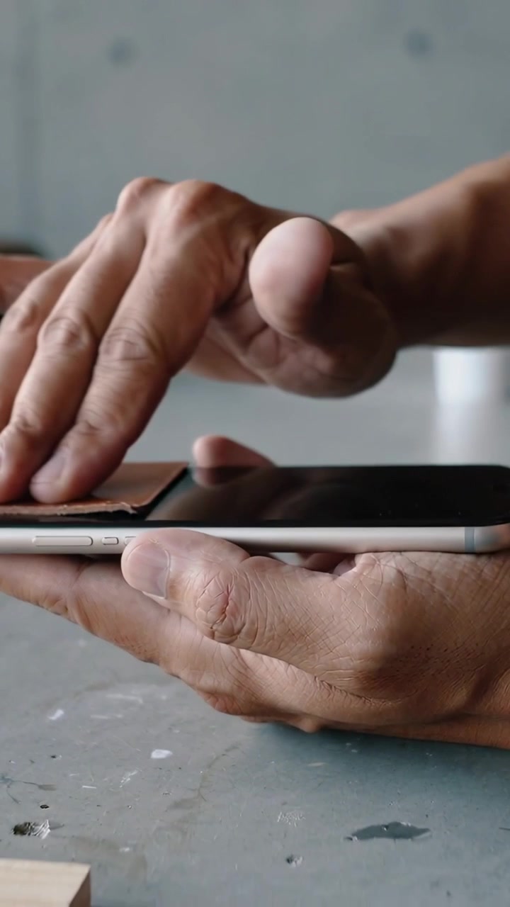 Video verticale: Posizionamento di una piccola patch, mani maschili che premono e strofinano il telefono su una panca, fissandolo
