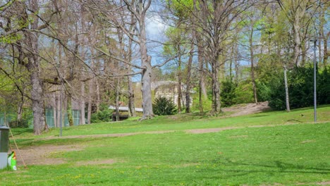 a pan shot of a field in the park on a sunny day