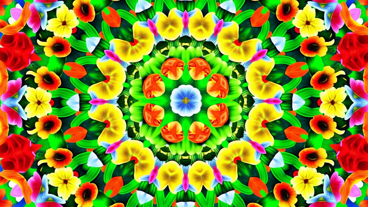 Animazione di motivo caleidoscopico floreale vibrante con forme geometriche simmetriche.