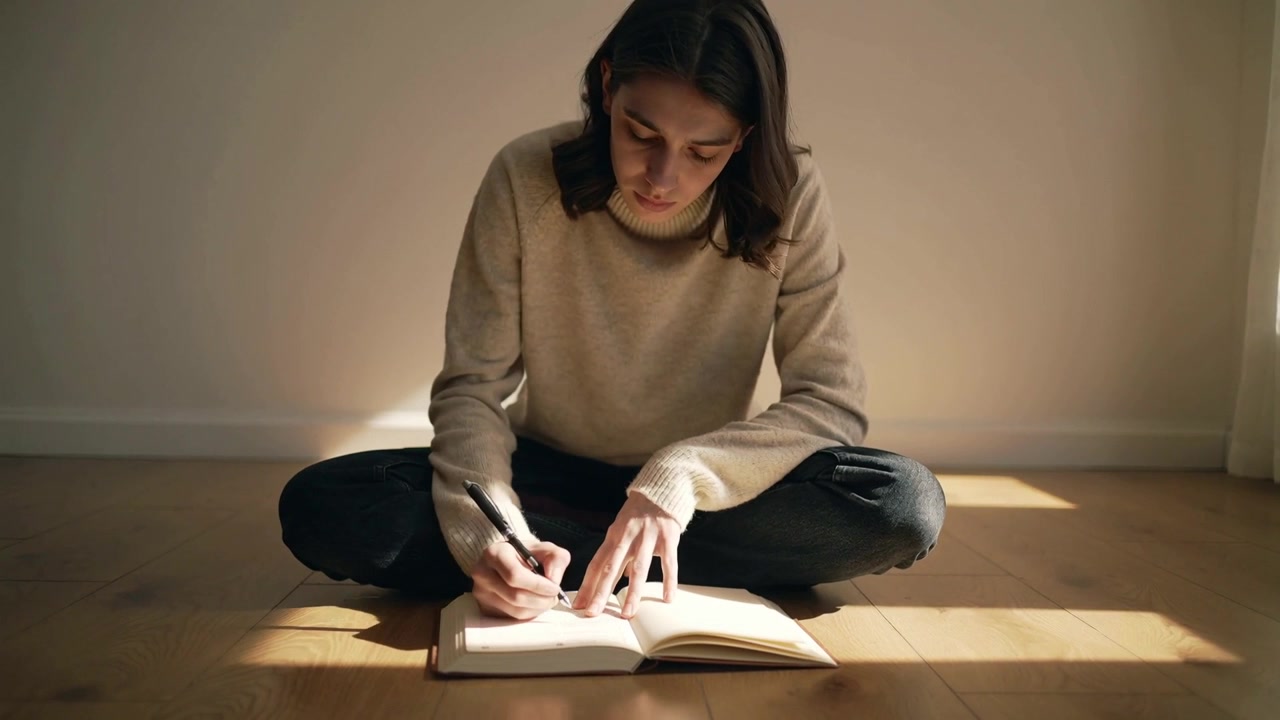 Writing student in light sweater, pen poised at home, writing notes in notebook in light patch