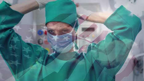 Animation-of-flag-of-usa-waving-over-surgeon-in-face-masks