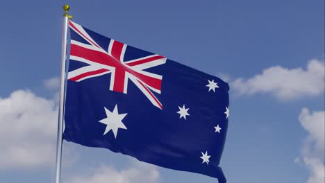 flag of australia moving in the wind with a clear blue sky in the background, clouds slowly moving, flagpole, slow motion