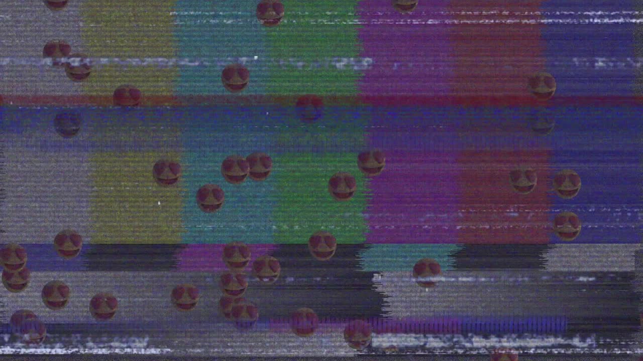 animación digital de múltiples ojos de corazón cara emojis flotando contra el efecto estático de la televisión