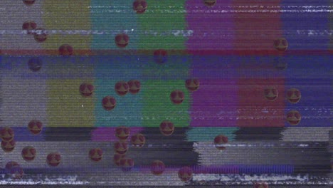 digital animation of multiple heart eyes face emojis floating against tv static effect