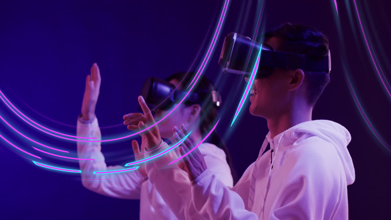 Animation of glowing light trails of data transfer and asian people in vr headset