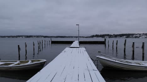 Pontón-Y-Barco-Cubierto-De-Nieve-Con-Pato-En-El-Lago