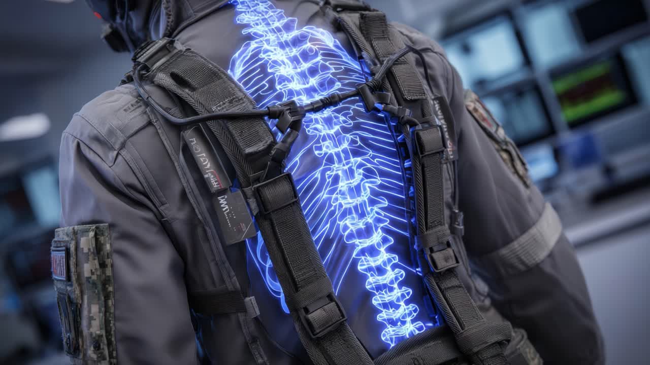 A Futuristic Soldier Equipped with a High-Tech Exoskeleton Displaying an Innovative Luminescent Spine Technology in a Modern Laboratory Environment