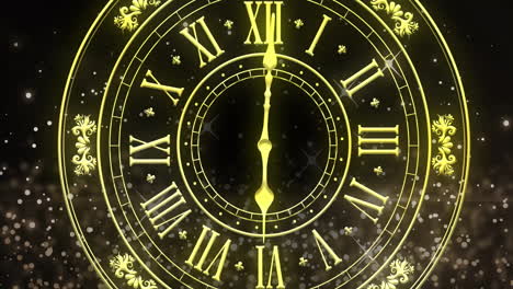 animation of clock showing midnight and fireworks exploding on black background