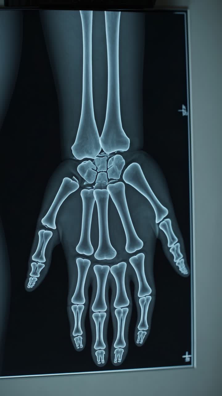 X-ray image of a hand from a top-down angle, showcasing bones in high contrast