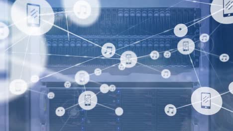 animation of network of digital icons over close up of a computer server against clouds in the sky