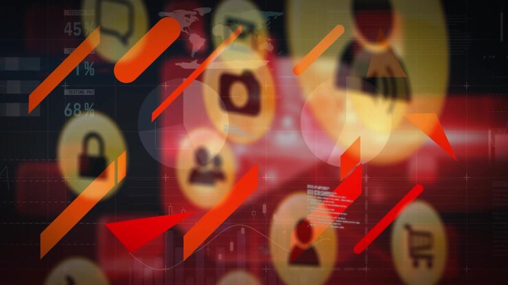 Animazione di icone digitali ed elaborazione di dati statistici su sfondo rosso.