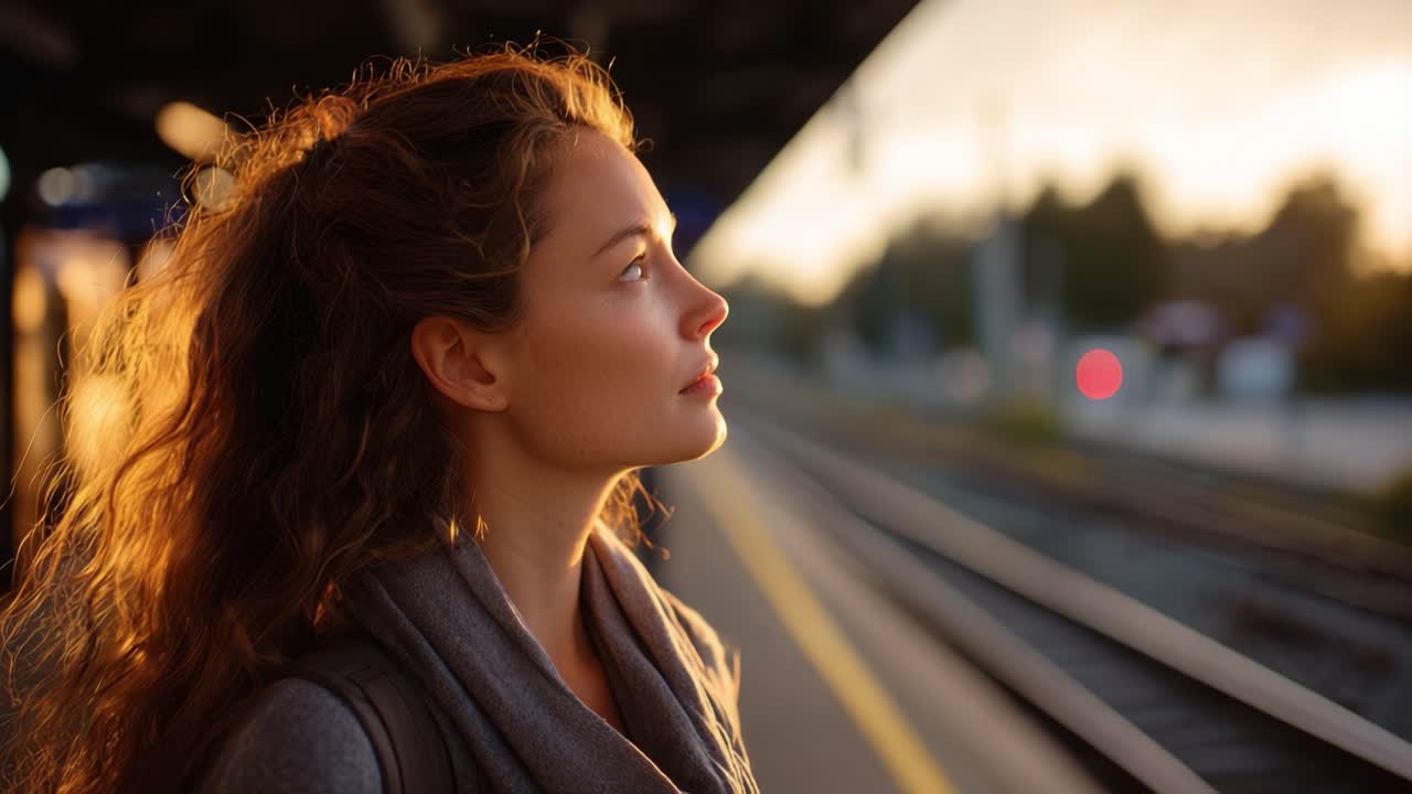 Una donna con i capelli ricci in contemplazione in una stazione ferroviaria, catturata nella luce dell'ora d'oro, che emana emozioni di attesa e riflessione sul suo viaggio.