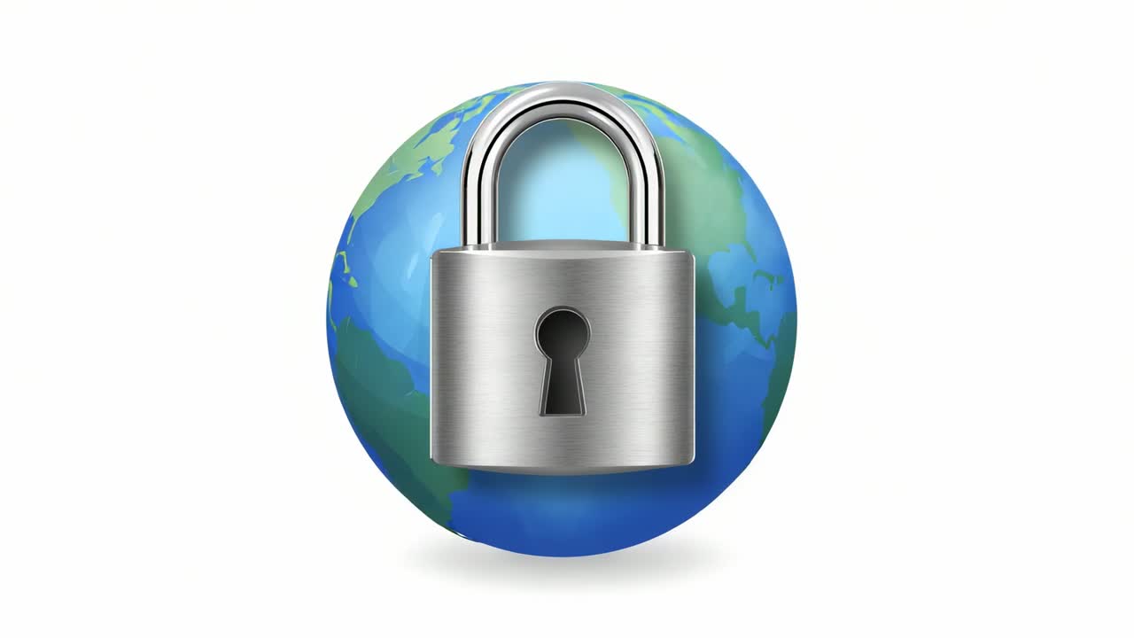 Upon playback rotating Earth globe spinning on white backdrop, padlock staying fixed, copy space