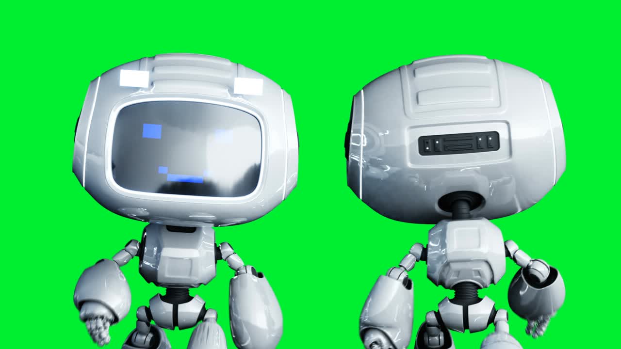 animazione di robot giocattolo bianco sorridente. sfocamento del movimento fisico. animazione 4k a schermo verde realistico. schermo verde