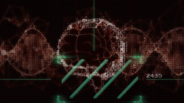 Animation of scientific data processing, dna strand and human brain over dark background