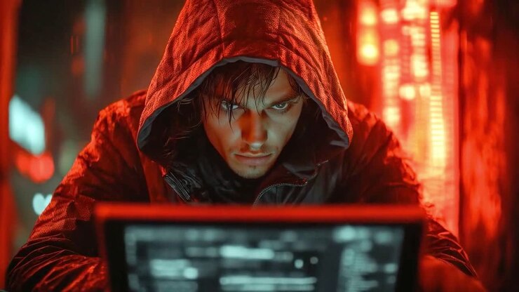 Un uomo con una felpa con cappuccio davanti a un computer, forse intento ad hackerare