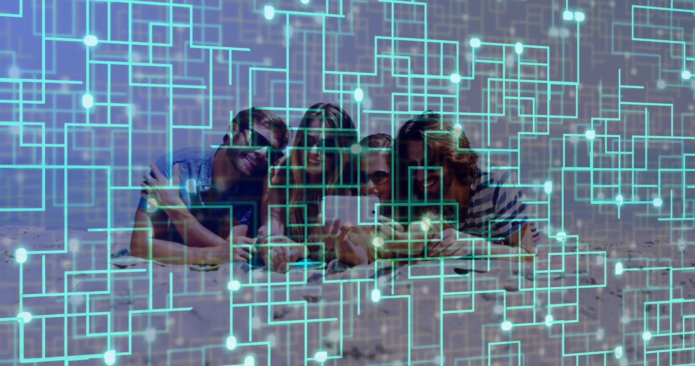 Relaxing on beach, people using phones and digital network animation overlay