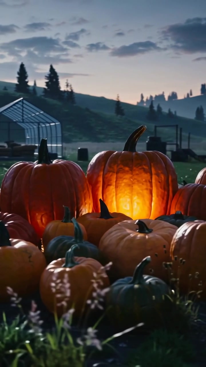 Vertical video: Camera pulling back to reveal lit pumpkins and lantern near greenhouse at dusk