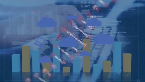animación de nubes con iconos sobre gráfico, cadena de adn, procesamiento de datos y manos escribiendo en el teclado