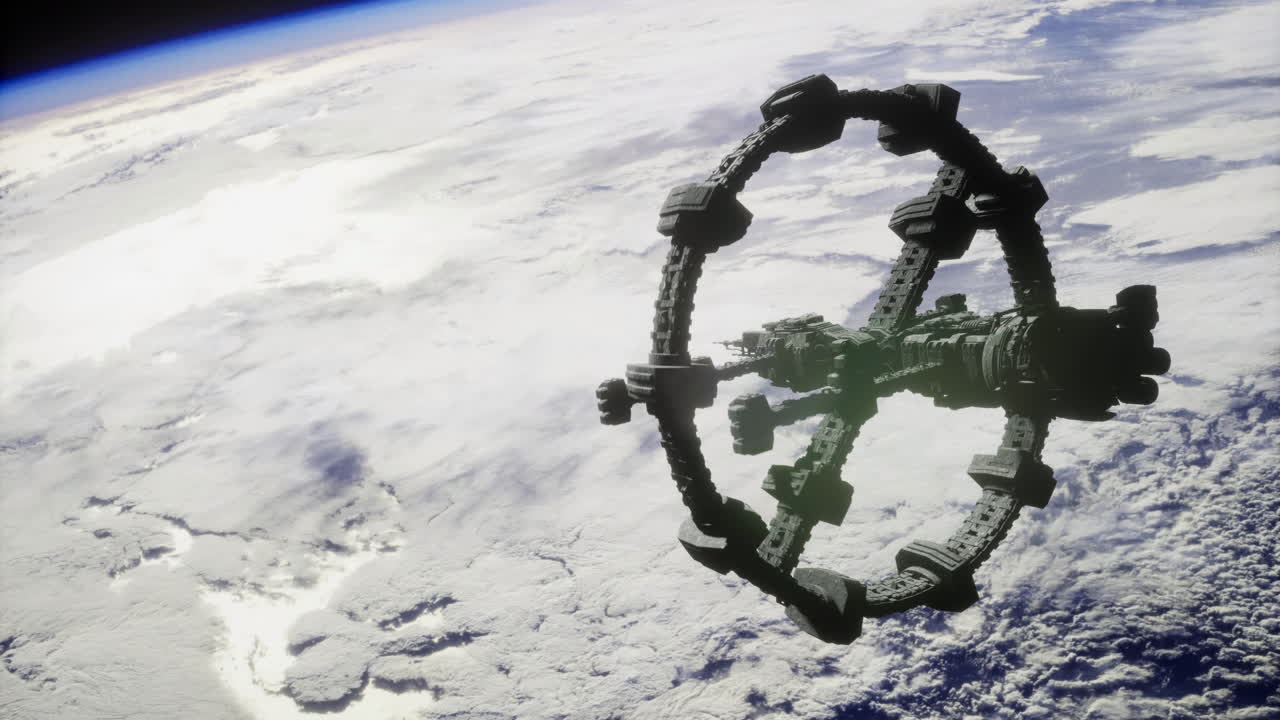Space station orbiting earth showcasing futuristic design and technology