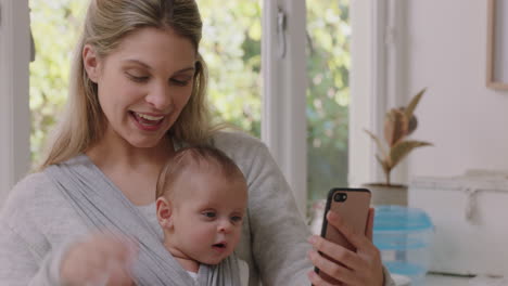 happy mother and baby having video chat using smartphone mom holding toddler enjoying sharing motherhood lifestyle on social media