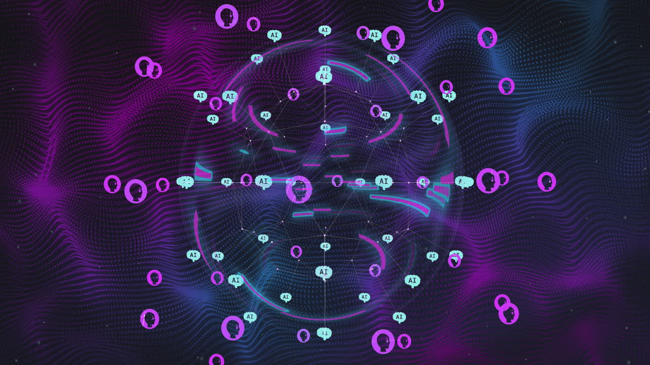 animación de un procesamiento de datos, iconos de chat y red de conexiones en senderos de luz