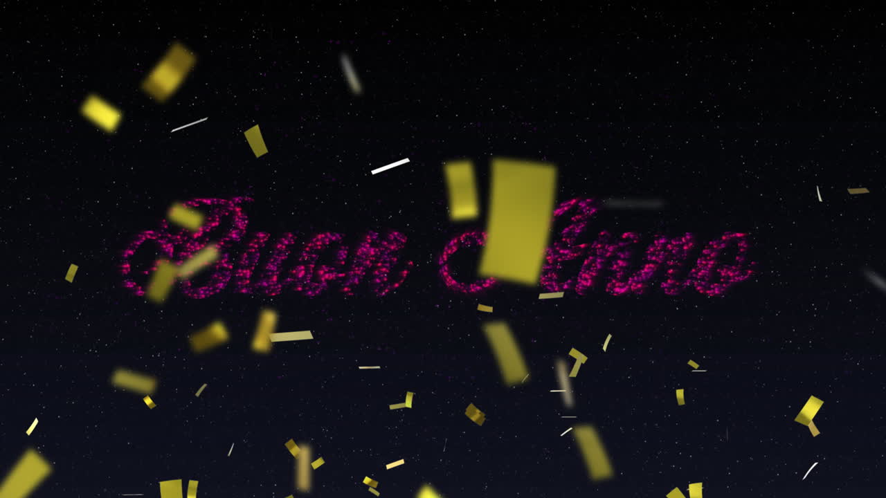 animación de buen annee texto en rosa con fuegos artificiales de año nuevo rosa y confeti dorado en el cielo nocturno