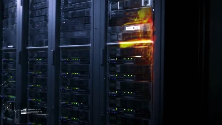 Wide-angle shot of a futuristic server room, capturing sleek rows of servers for a tech video