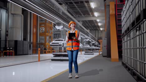 cuerpo lleno de ingeniera femenina asiática con casco de seguridad mirando la tableta en su mano y mirando a su alrededor mientras estaba de pie en la fábrica de automóviles ev