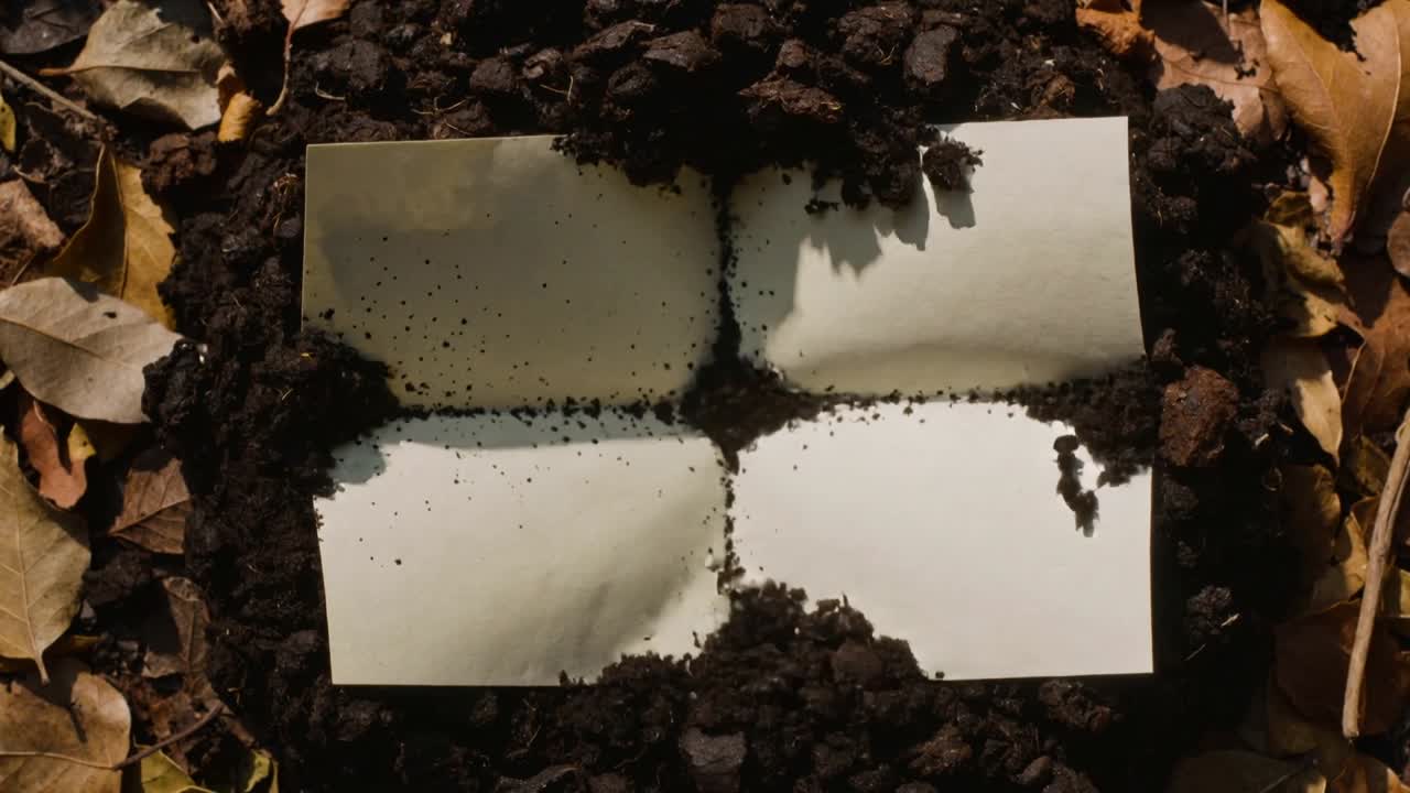 Tanah tumpah dari atas menutupi kertas putih terlipat lalu terkikis, menampakkan fragmen berwarna kuning-putih.