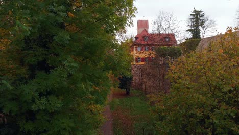 a drone begins to shoot close to a tree fly back and passes very close over the bridge