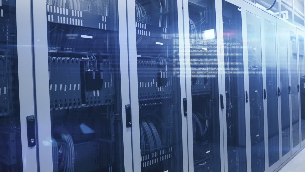 Computer servers in a server room with glowing lights