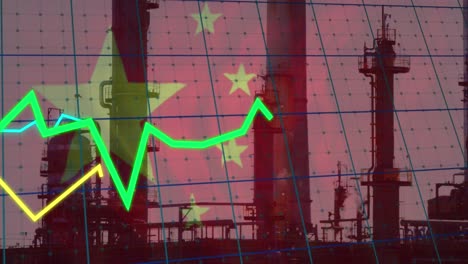 animation of financial data processing, flag of china over factory