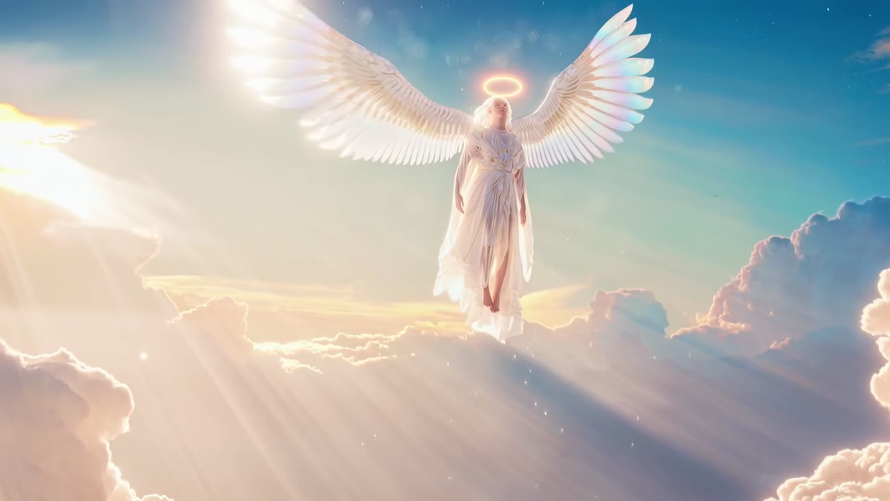 Aerial video view of an angelic figure in a heavenly sky, surrounded by glowing clouds