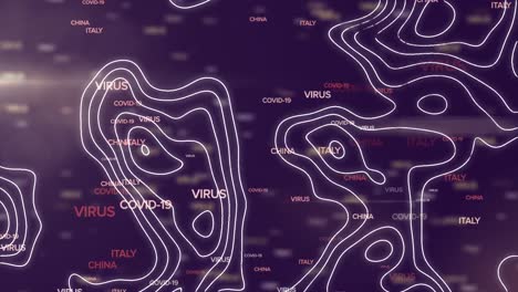animación digital de la topografía sobre múltiples textos de concepto de covid-19 flotando en un fondo azul