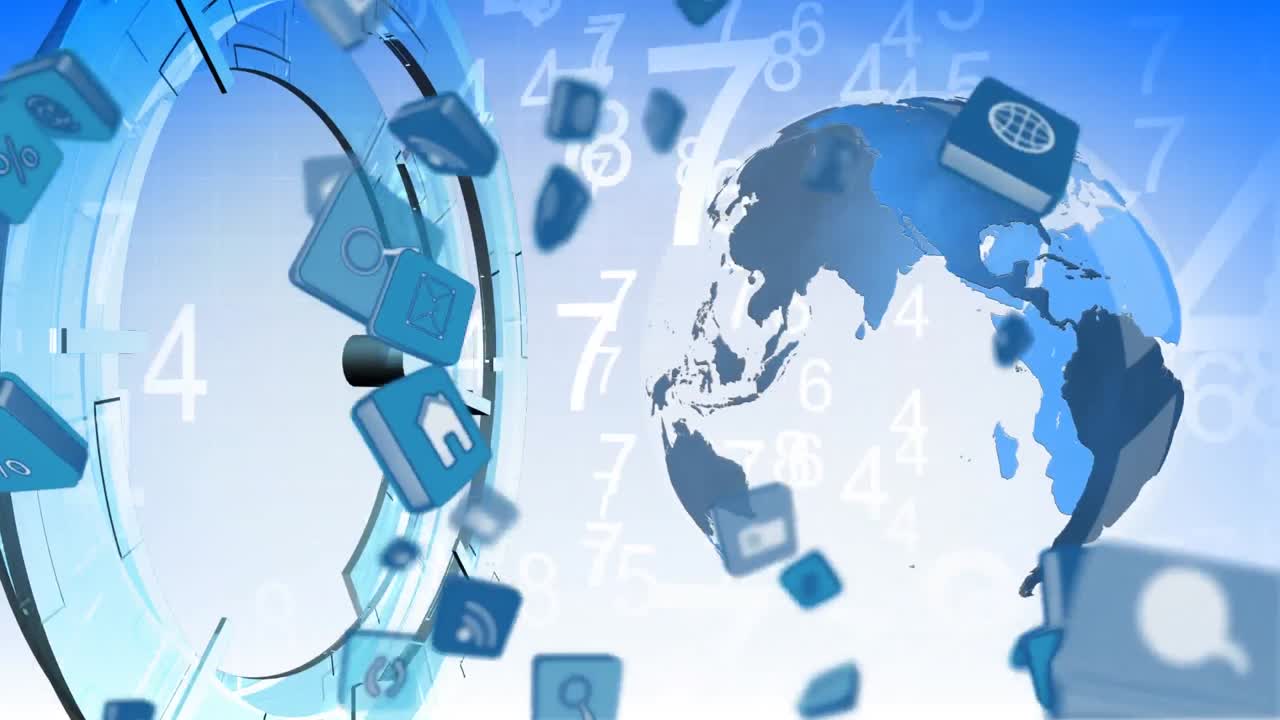 анимация быстро движущихся часов и цифровых икон, падающих над кружащимся глобусом на синем фоне