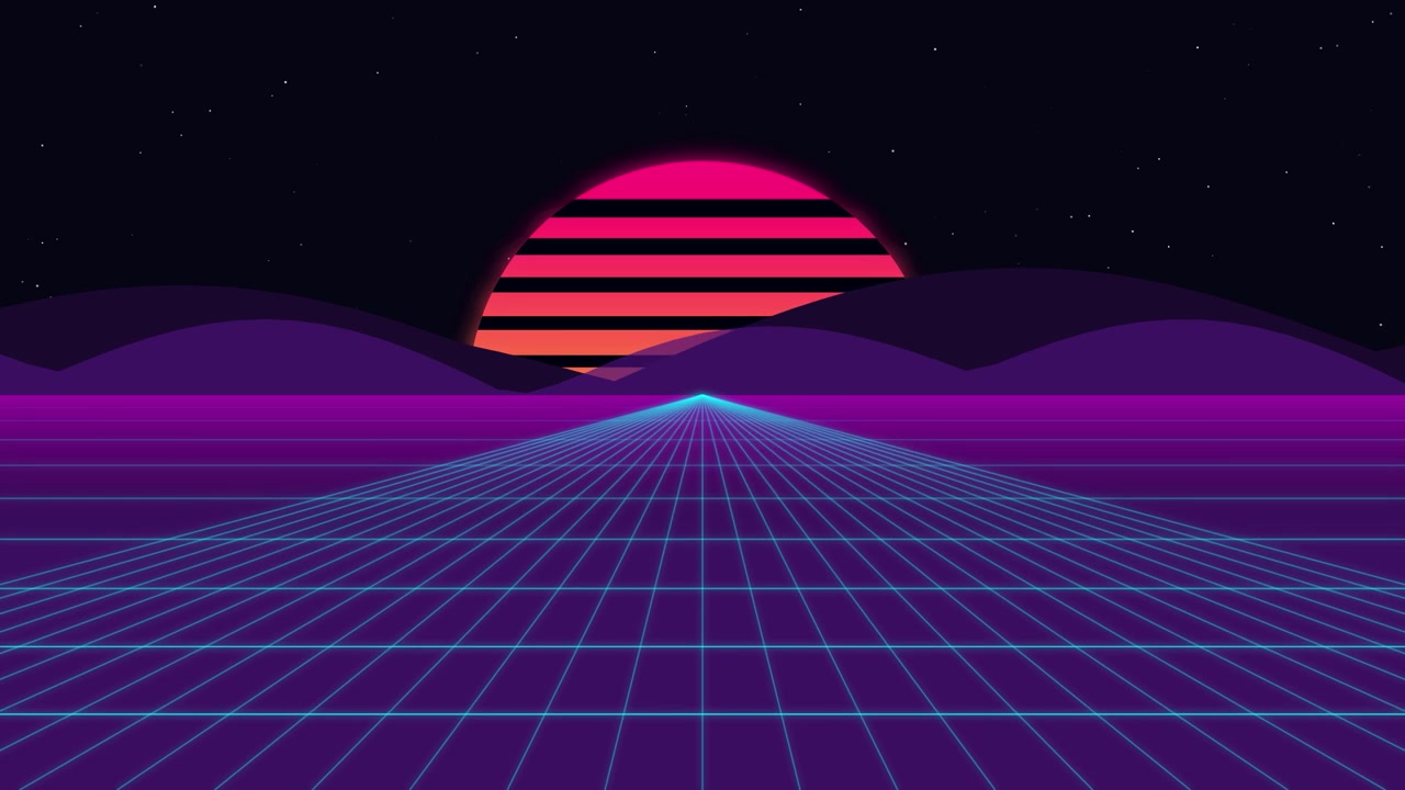 Retro Synthwave Style Landscape with Glowing Grid and Sunset